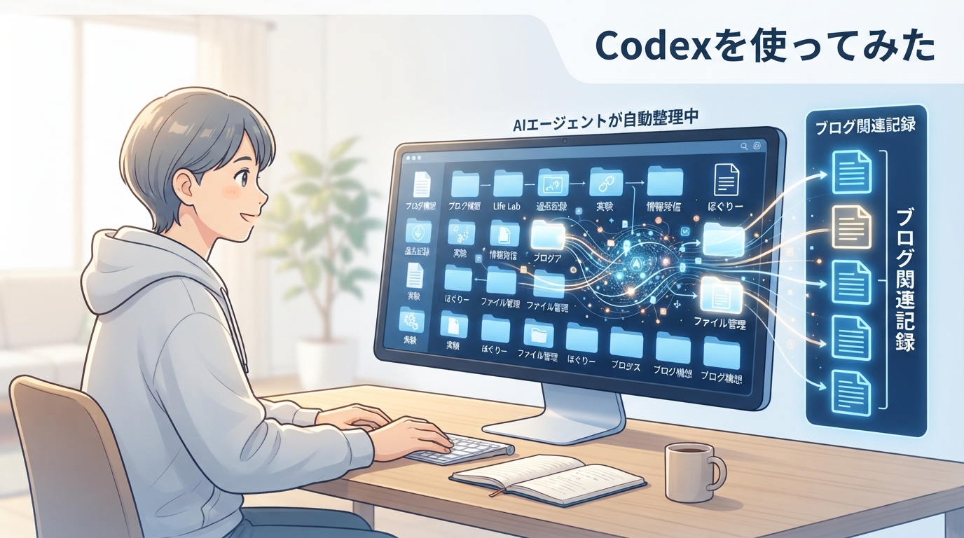AIエージェントのCodexを使って大量のファイルからブログ関連の記録を探しているイメージ